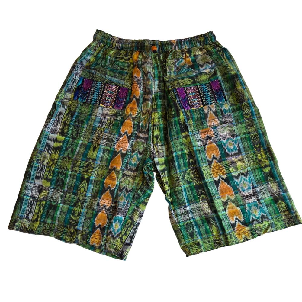 Guatemalan Ikat Mayariv Cotton Harem Shorts Unisex XXL Green Patchwork